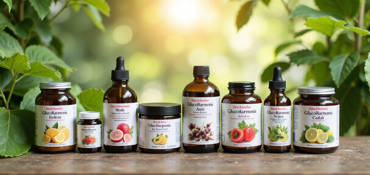 Różnorodne produkty Glucoharmoniazone na tle zielonych liści