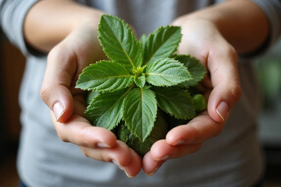 Ręce trzymające świeże, zielone liście symbolizujące naturalne składniki i zdrowie.