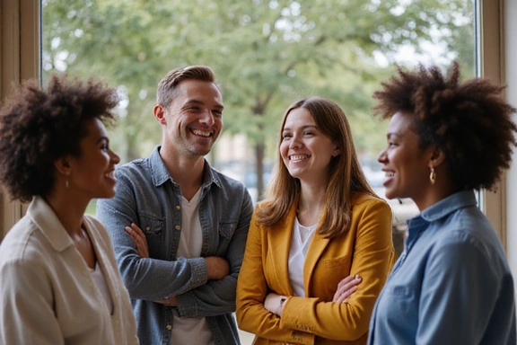 Grupa przyjaciół śmiejąca się i rozmawiająca, symbolizująca wsparcie społeczne